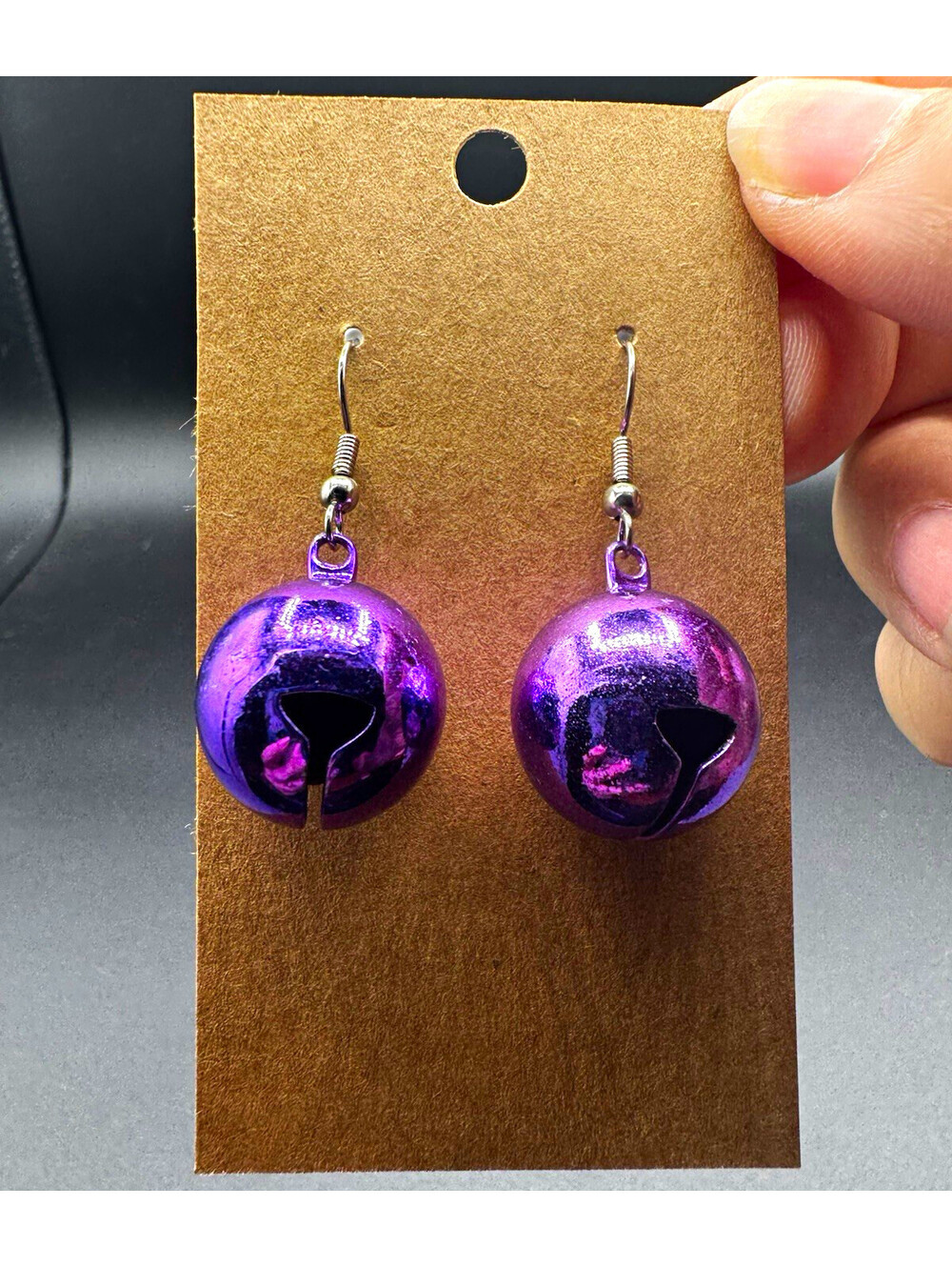 Purple Christmas Jingle Bell Dangle Drop Earrings Metal Round Hook No Stone